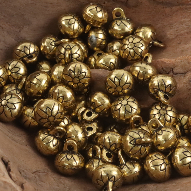 Gold round metal buttons with floral emboss, visible shank loops and center holes