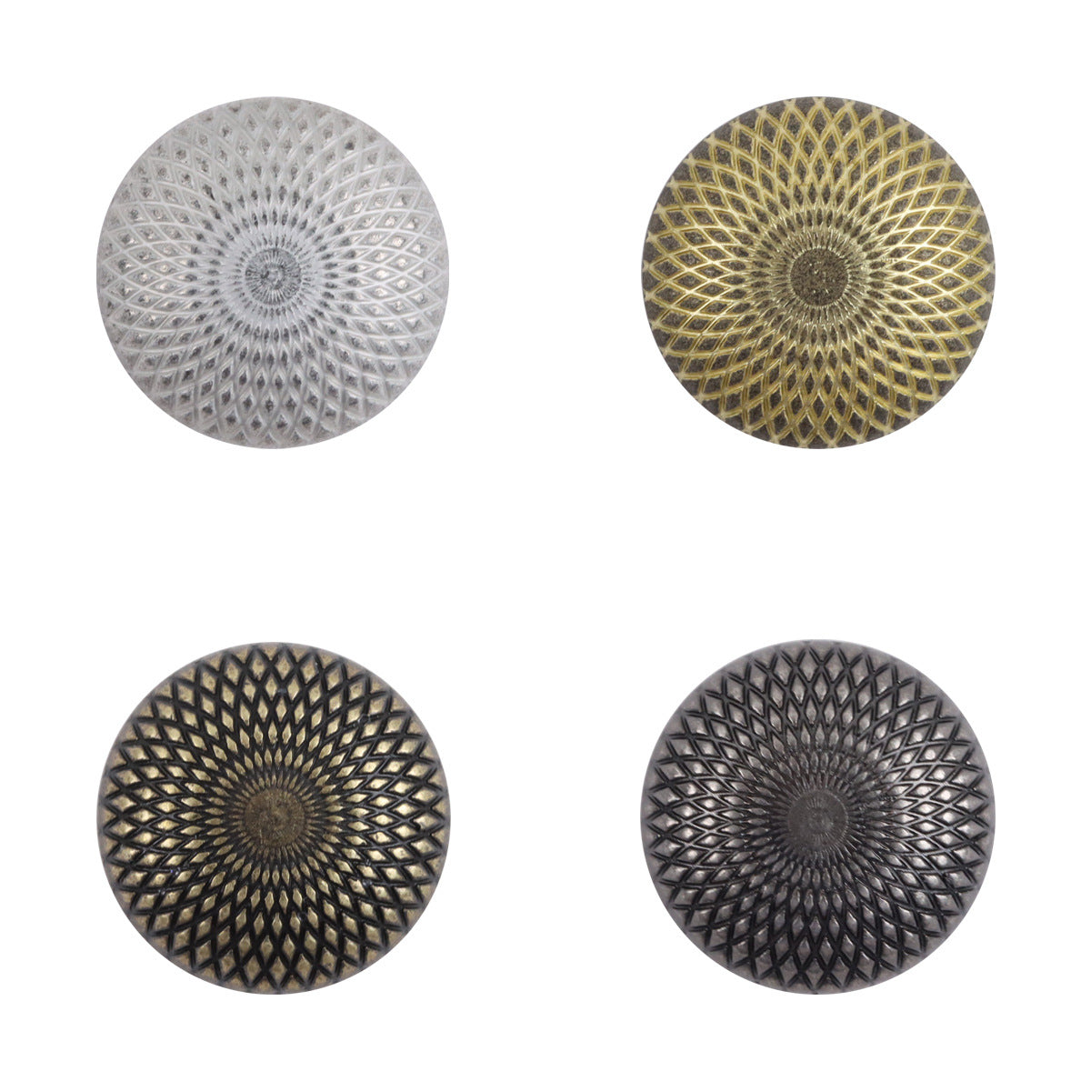 Round shank metal buttons, geometric design set of finishes: silver, gold, bronze, black