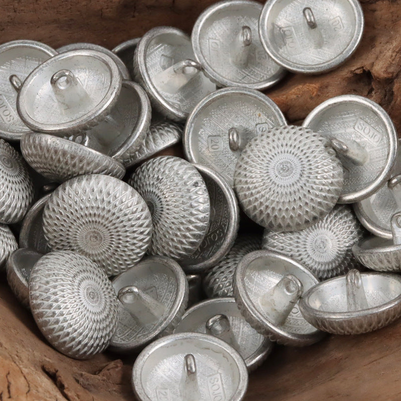 Round shank metal buttons in silver finish, geometric pattern front faces and shanks