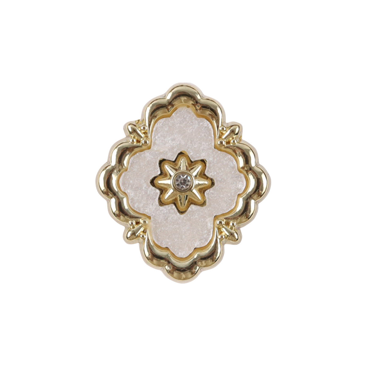 Irregular metal button, golden filigree with white inlay and star diamond center