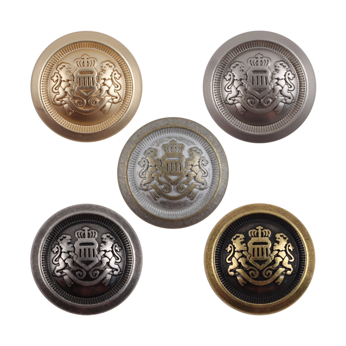 Double Lion Crown shank metal buttons, round with detailed crest, gold/bronze/black finishes