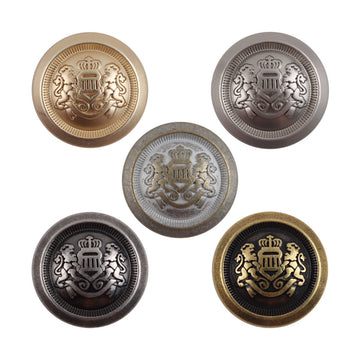 Double Lion Crown shank metal buttons, round with detailed crest, gold/bronze/black finishes
