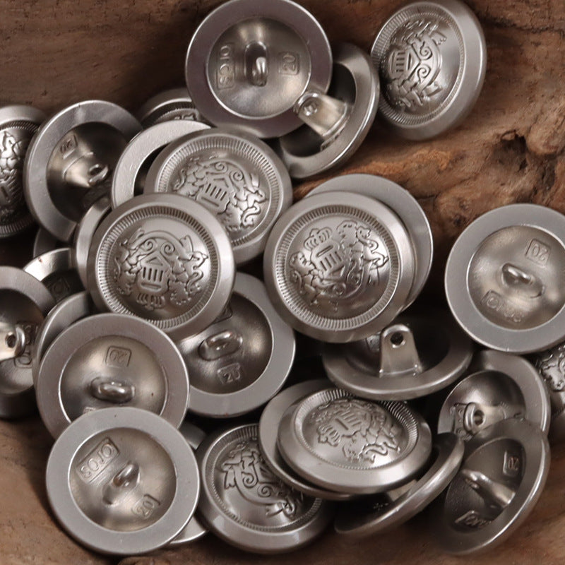 Set of Double Lion Crown shank metal buttons, round faces with crest, silver tone
