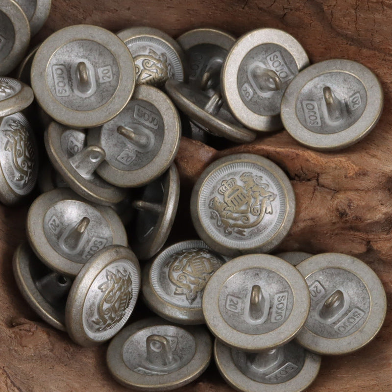 Round metal shank buttons with Double Lion Crown crest, mixed silver and dark finishes