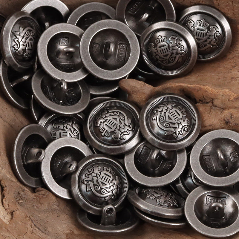 Double Lion Crown shank metal buttons, round faces with crest, dark and silver tones