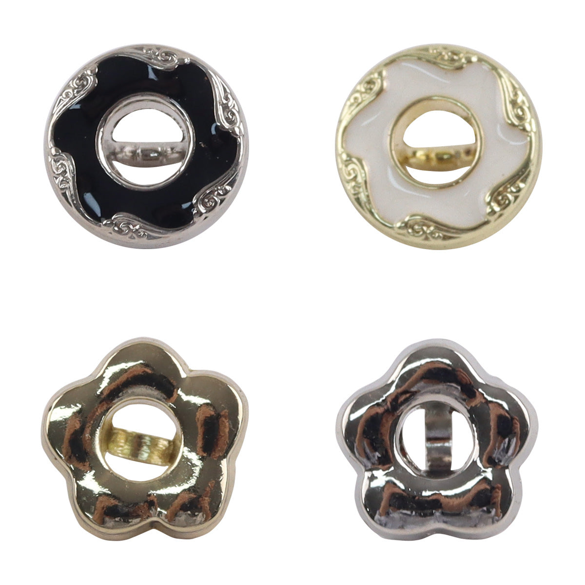 Floral hollow metal button, silver rim with black enamel, 10pcs
