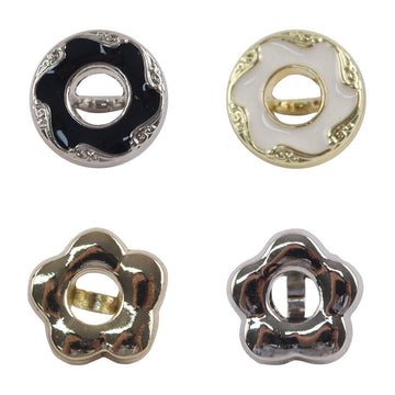 Floral hollow metal button, silver rim with black enamel, 10pcs