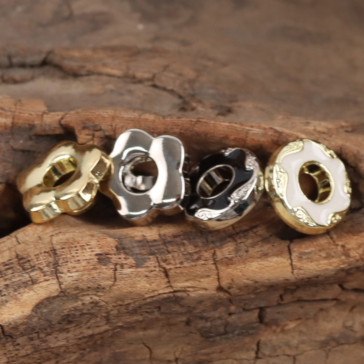 Floral hollow metal buttons, gold and silver finishes with enamel fronts, 10pcs