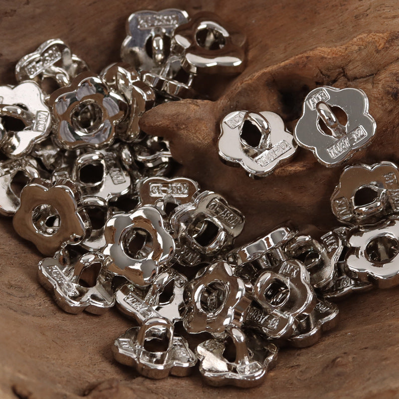 Floral hollow metal buttons, silver tone, embossed petals, front view, 10pcs