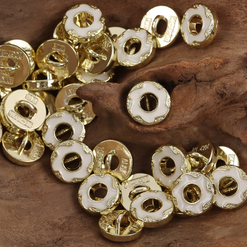 Floral hollow metal buttons, mixed gold and white enamel centers, 10pcs