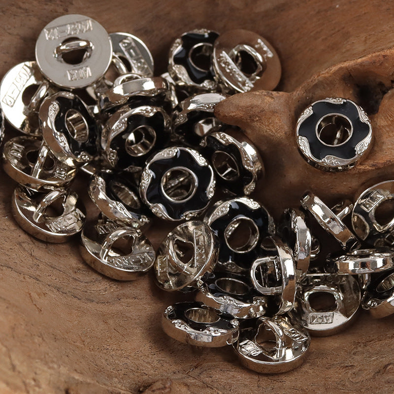 Floral hollow metal buttons, silver tone with dark enamel center, 10pcs