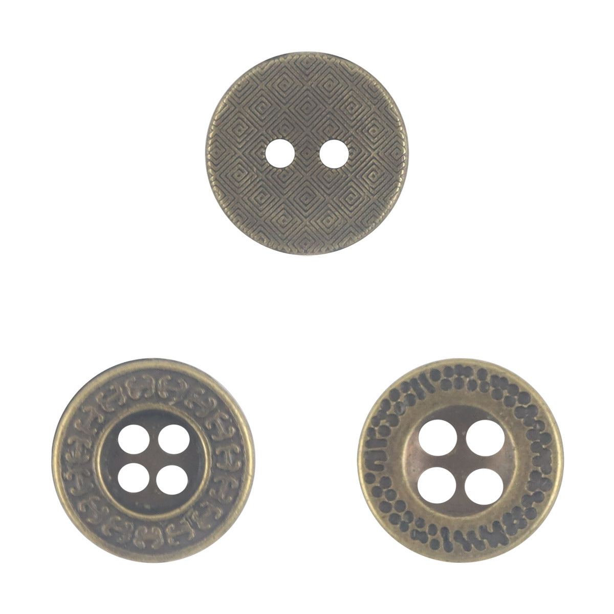 Bronze metal flat button with square maze pattern and two holes