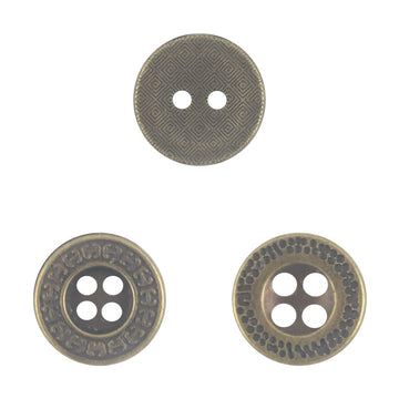 Bronze metal flat button with square maze pattern and two holes