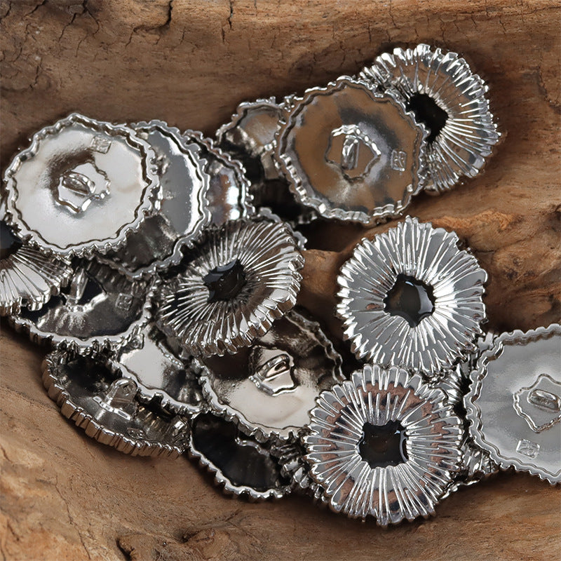 Snowflake metal buttons with black center, silver finish, assorted 10-pack