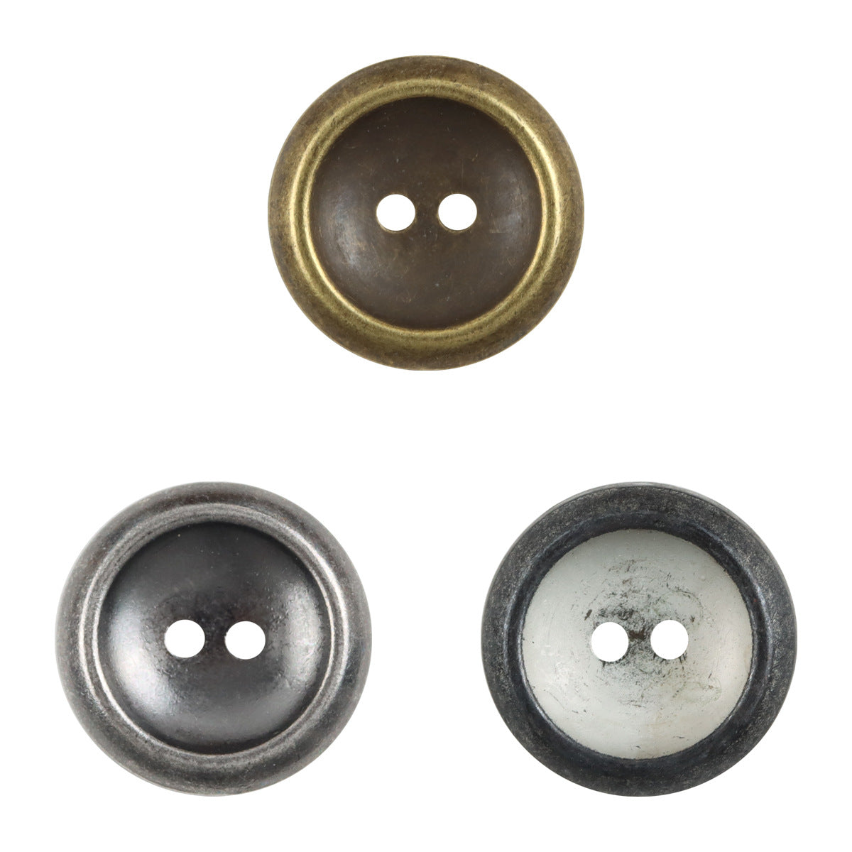 Distressed antique bronze metal button, two holes, vintage two-tone rim finish