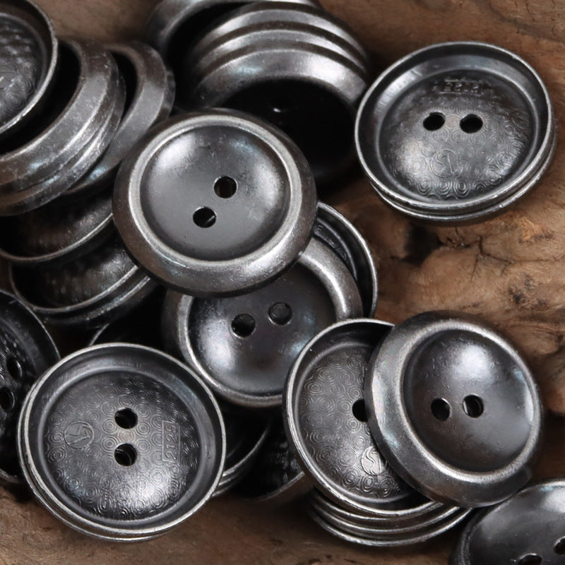 Antique silver metal buttons, distressed texture and engravings, two holes