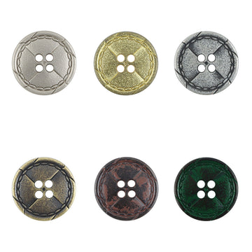 Vintage distressed metal buttons—Nickel, Gold, dark tones; 4-hole design with stitched edge
