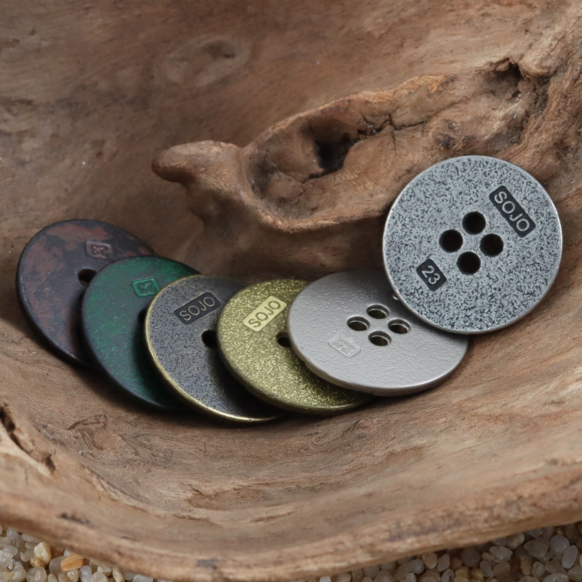 Vintage distressed metal buttons (10pcs) in mixed colors—dark, green, gold, silver; 4 holes each