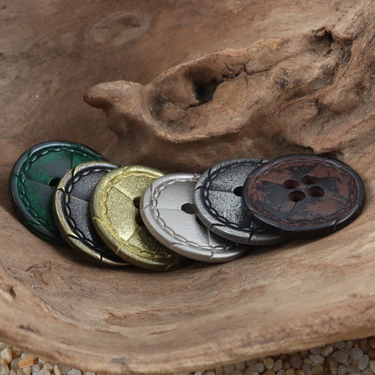 Vintage distressed metal buttons (10pcs) assortment—green, gold, silver and dark; 4 holes each