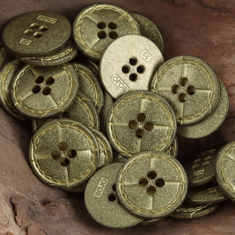 Vintage distressed metal buttons in gold/antique gold tone; 4 holes and stitched rim (10pcs)