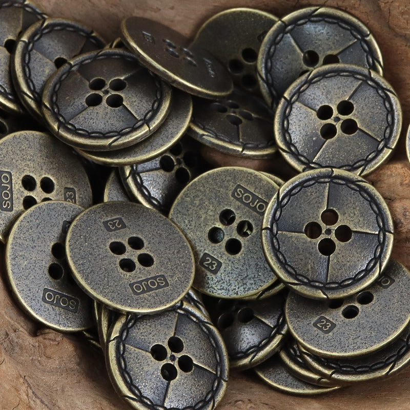 Vintage distressed metal buttons in antique gold and dark metal tones; 4 holes, stitched edge