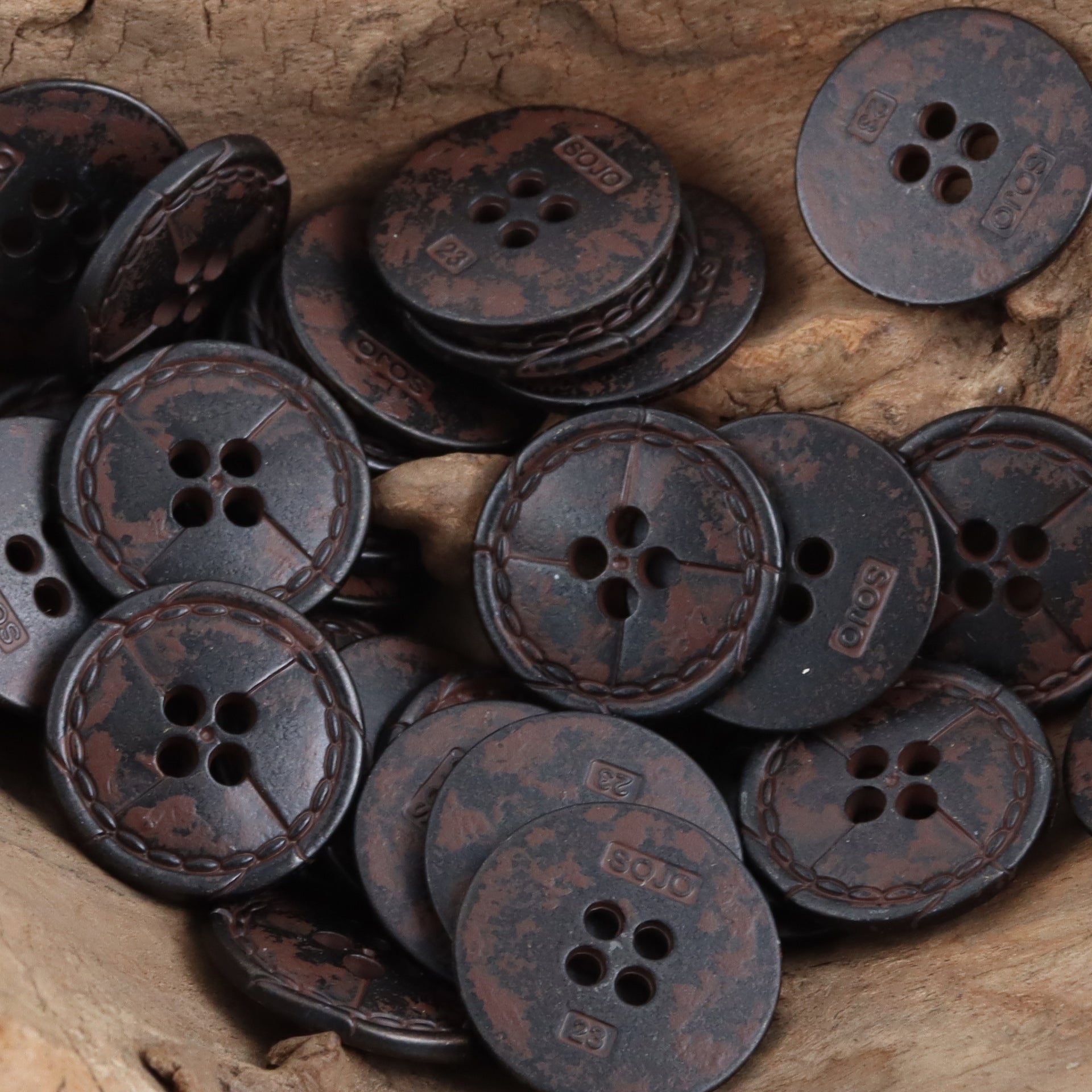 Vintage distressed metal buttons in bronze/brown tone; 4-hole face with stitched border (10pcs)