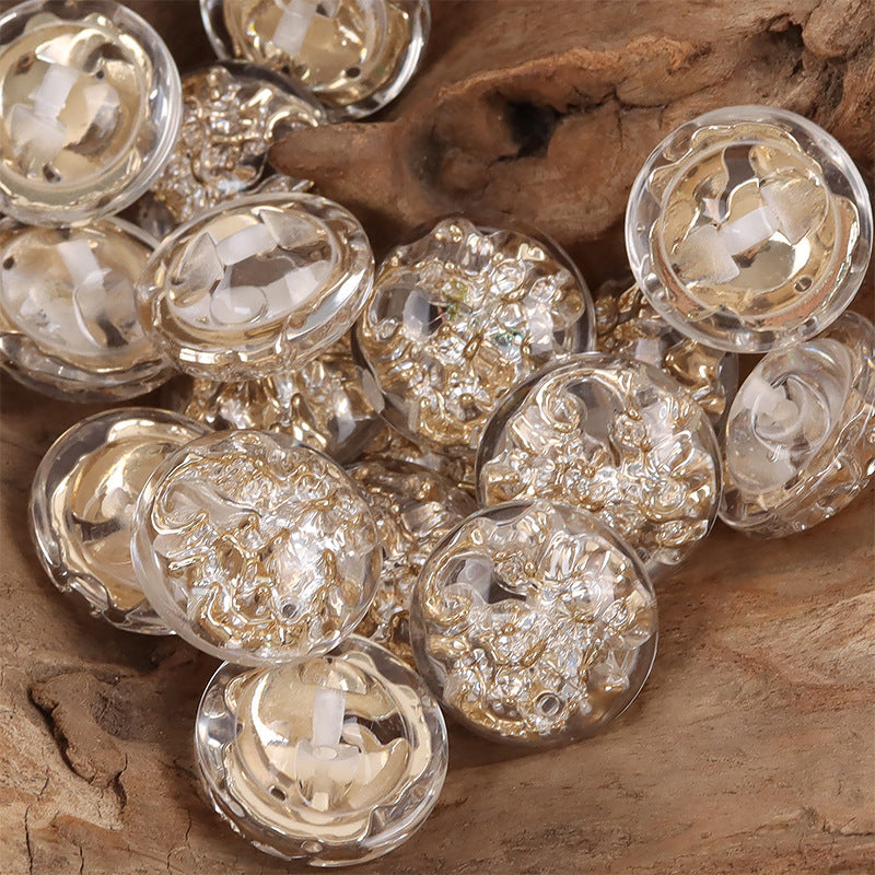 Crystal flower resin shank buttons, set of gold round floral designs