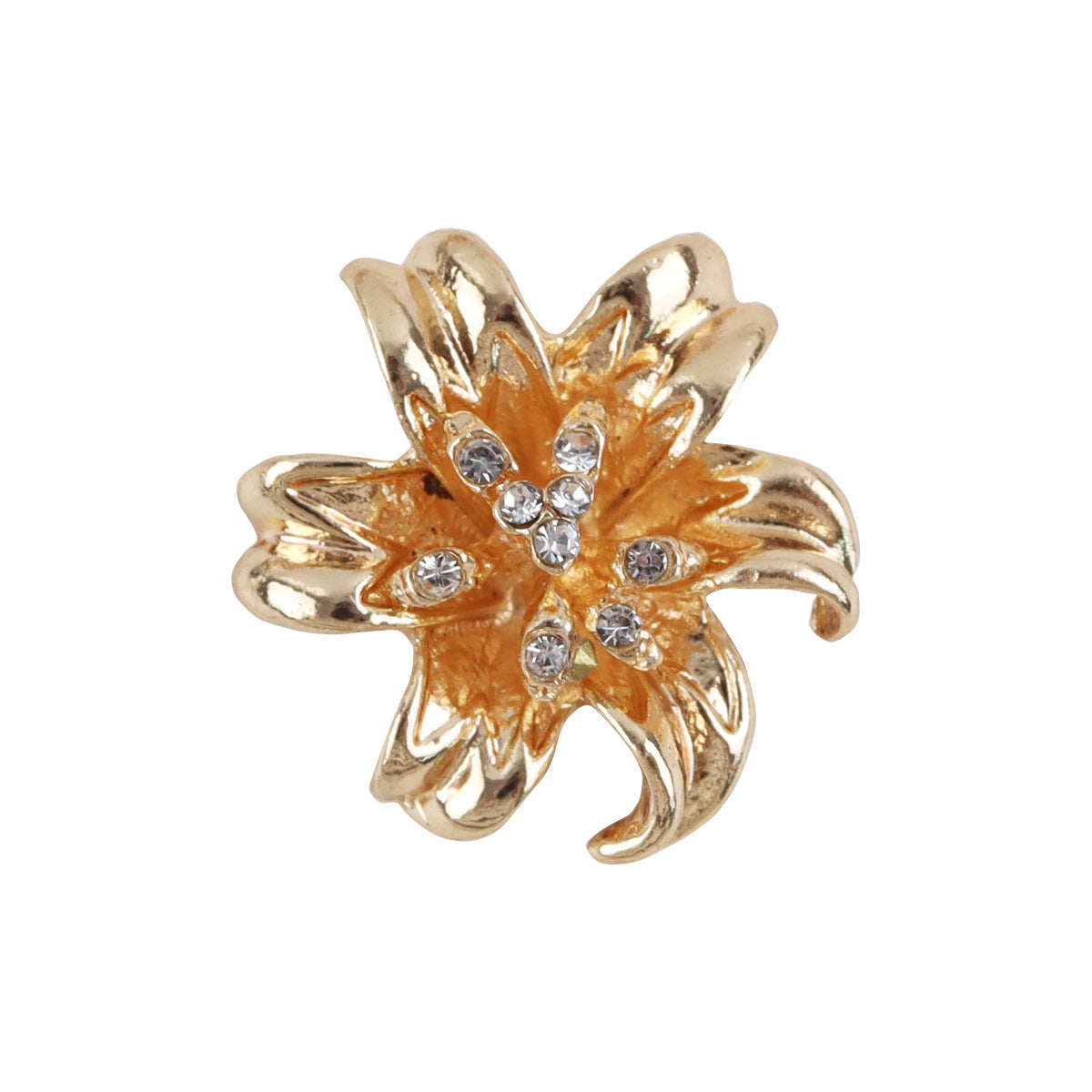 3D golden flower metal button with clear crystal accents (front)