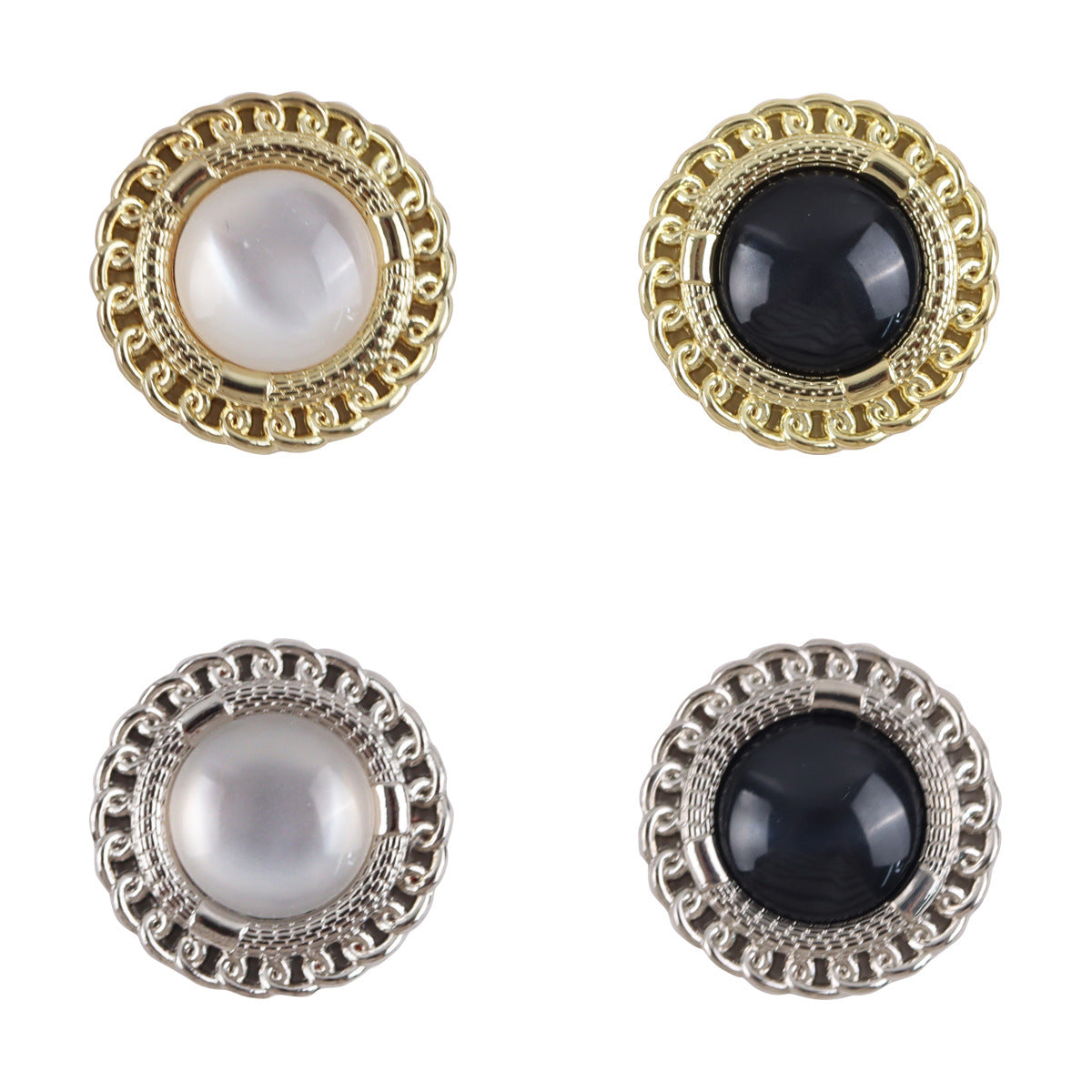 Gold buttons with white and black resin gem centers, ornate scalloped metal edging