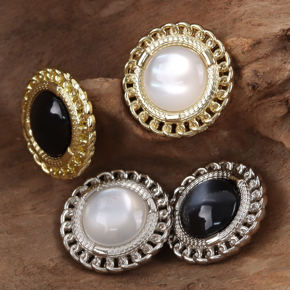 Assorted resin gem buttons: gold/white, gold/black, silver/white, silver/black