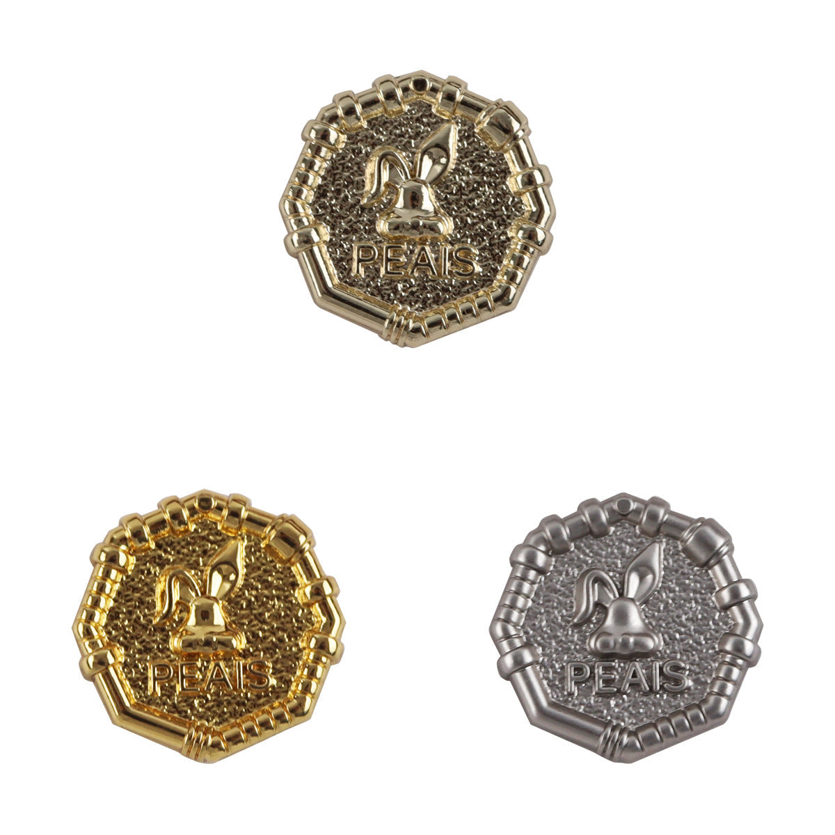 Rabbit sheriff metal button, gold tone, engraved “PEAS” with rabbit crest