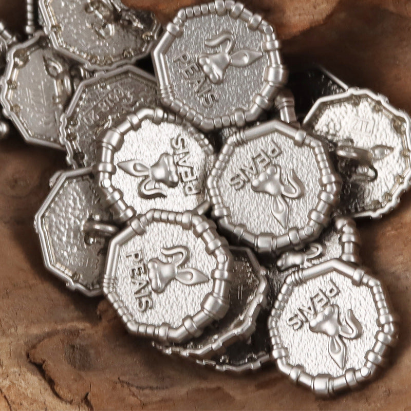 Silver tone metal buttons with rabbit sheriff crest and “PEAS” engraving