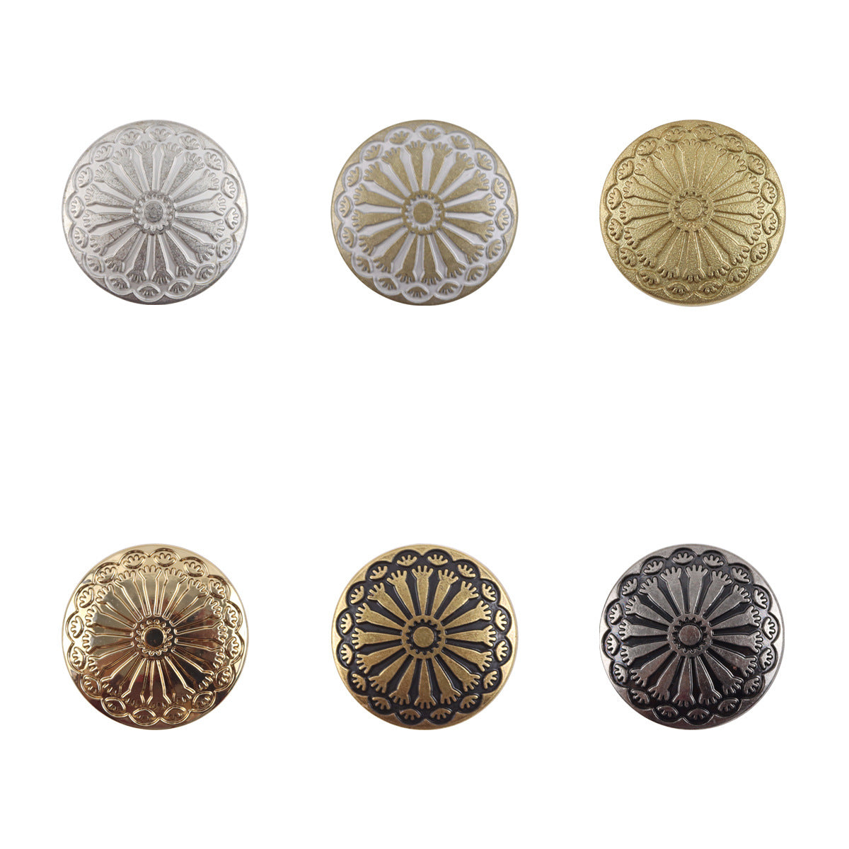 Sunflower metal shank buttons set, round embossed flower design, mixed finishes