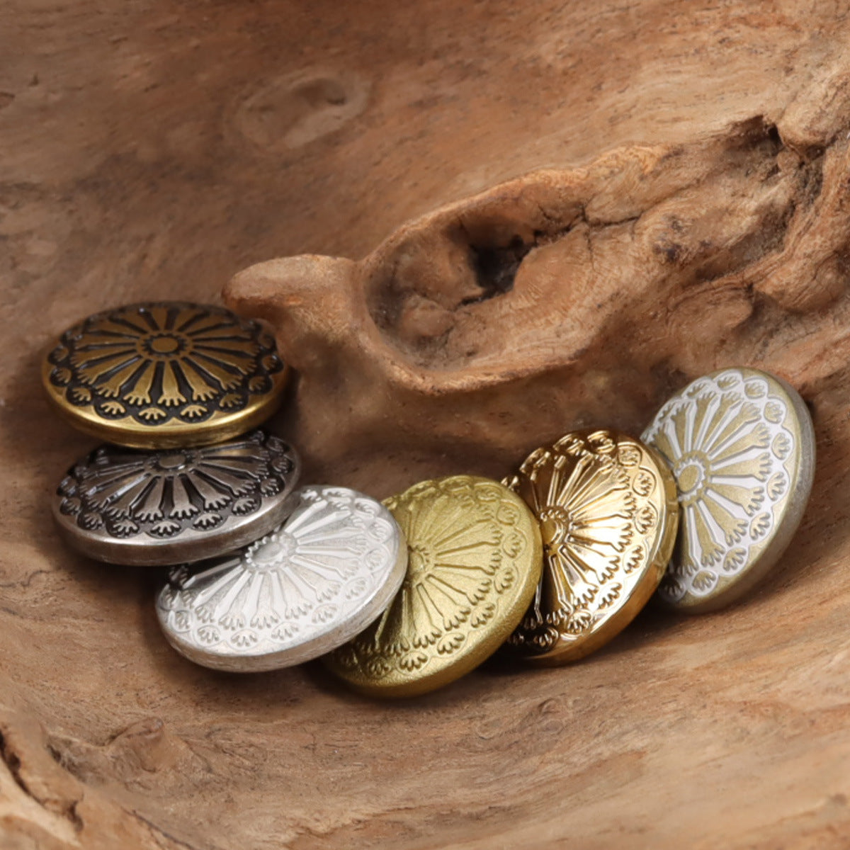 Sunflower metal shank buttons with round embossed centers, assorted gold and dark tones