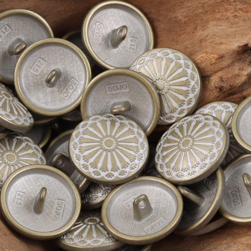 Sunflower metal shank buttons in gold and silver tones, round embossed flower, metal loop backs