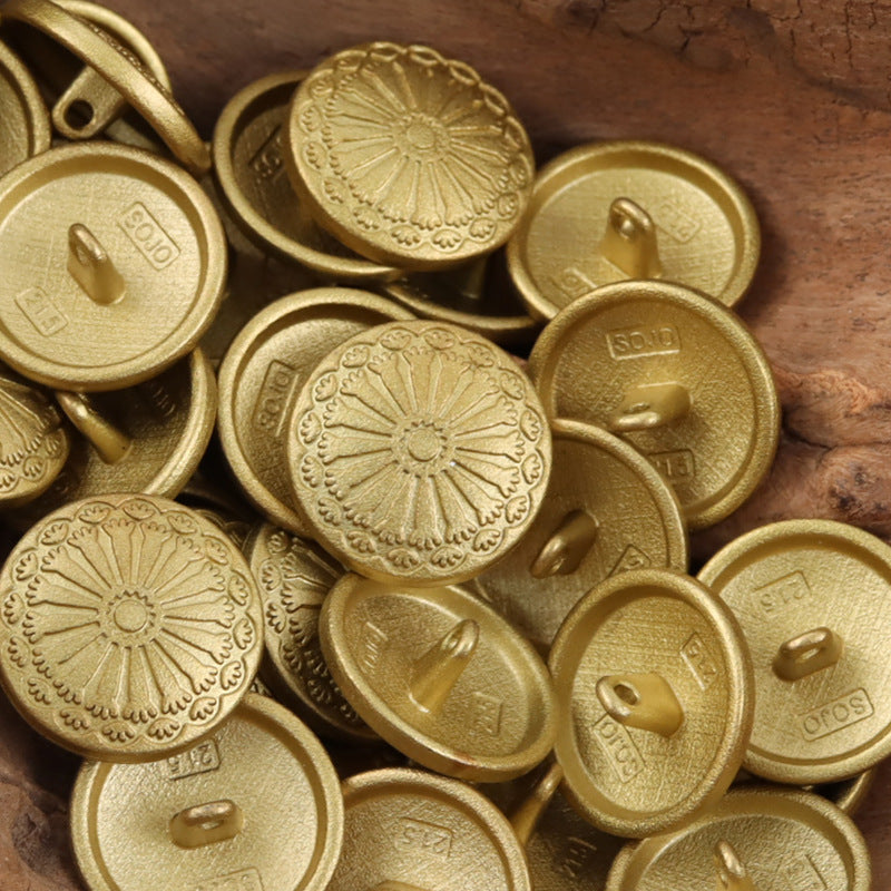 Gold sunflower metal shank buttons, round embossed floral design with visible metal shanks