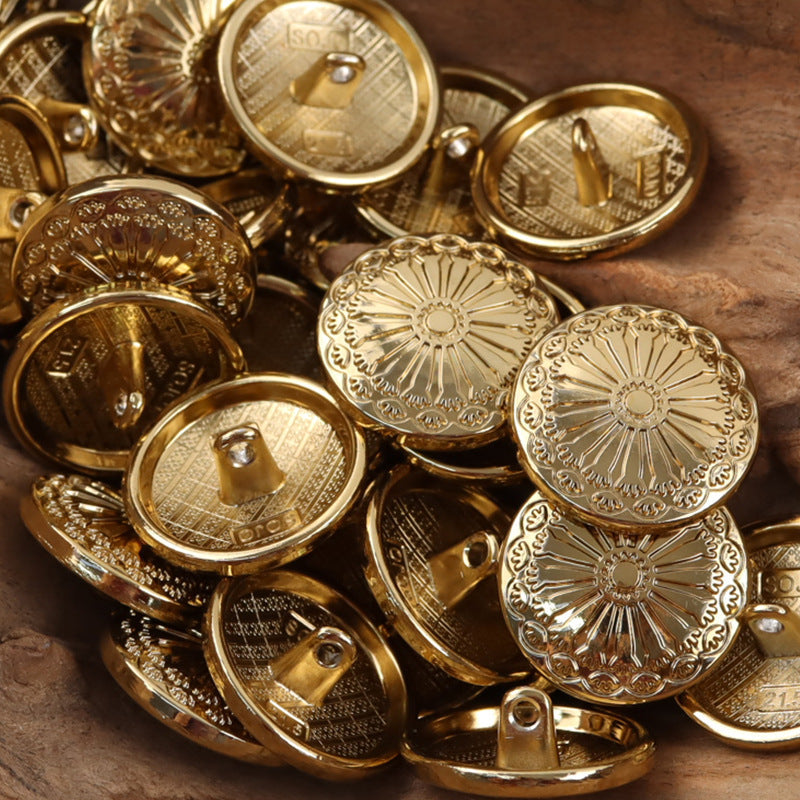 Gold sunflower metal shank buttons, ornate round embossed flower with central raised detail