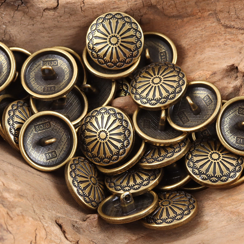 Antique bronze sunflower metal shank buttons, dark center round embossed floral pattern
