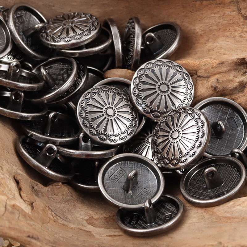 Antique silver sunflower metal shank buttons, round embossed flower, visible sew-on shanks