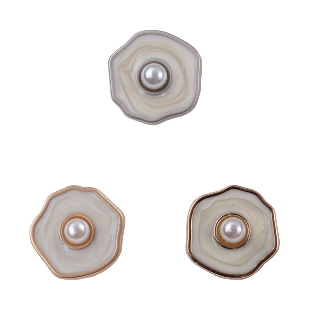 Polygonal pearl metal buttons set, gold-tone and white mother-of-pearl center