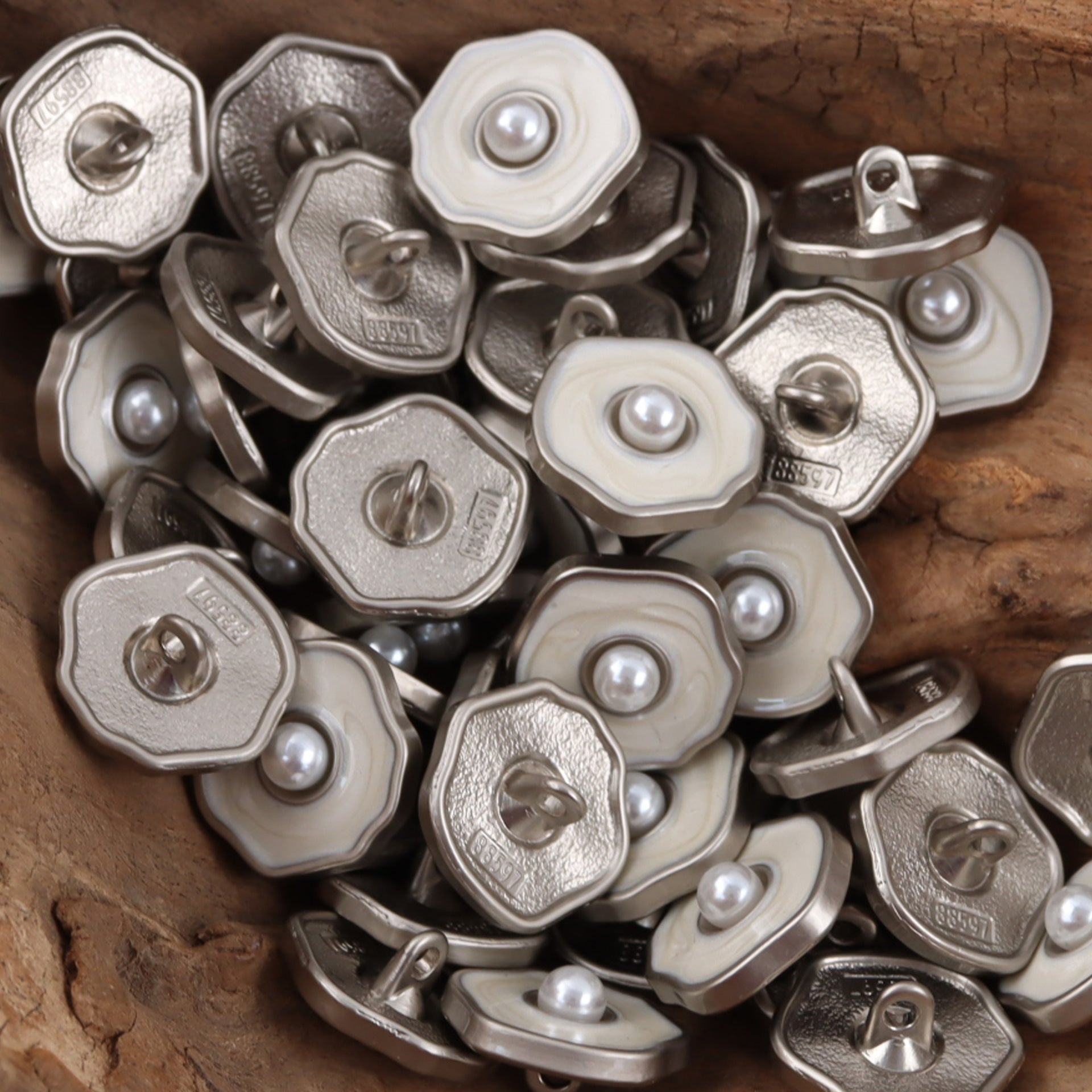 Polygonal pearl buttons with white inlay and silver metal backs, 10pcs assortment