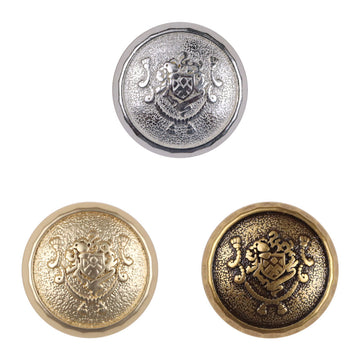 Metal shank buttons: silver and gold front with ornate crest design, 3 pcs shown