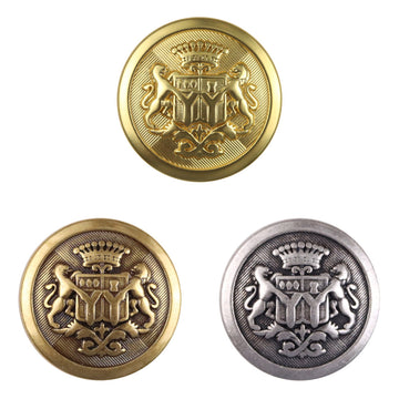 Gold round double lion metal shank button with detailed crest emblem