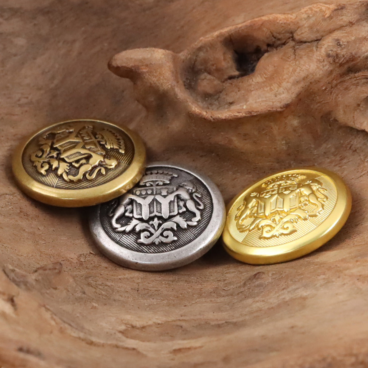 Gold and silver round double lion metal shank buttons with lion-and-crest emblem