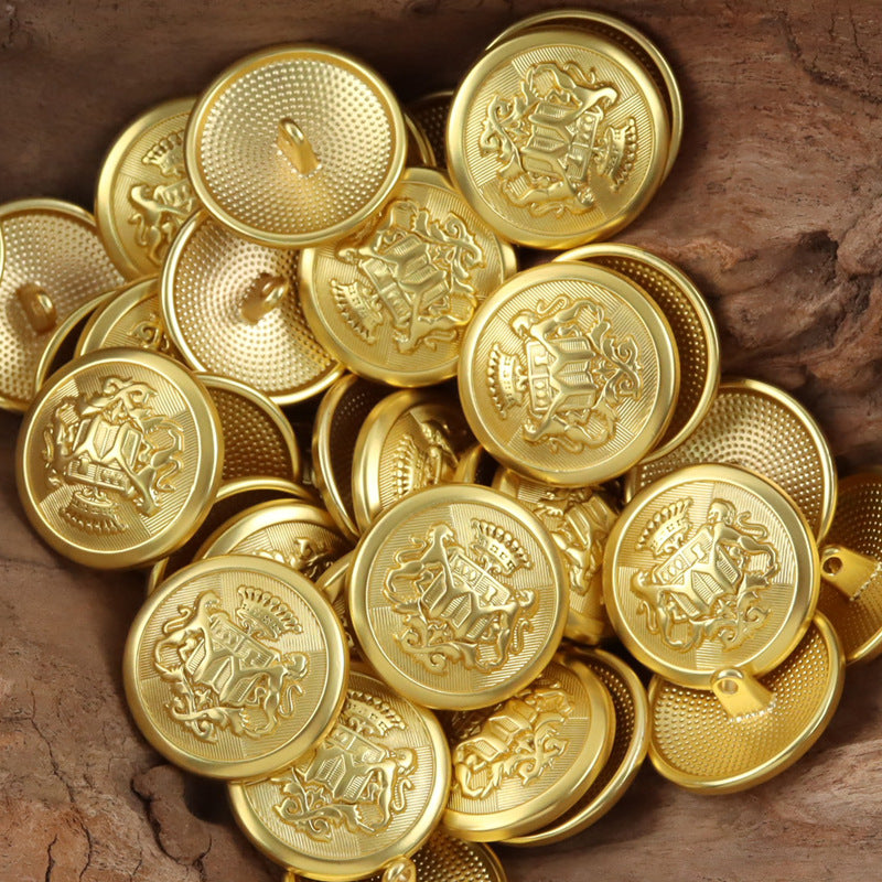 Set of gold round double lion metal shank buttons with lion crest emblems