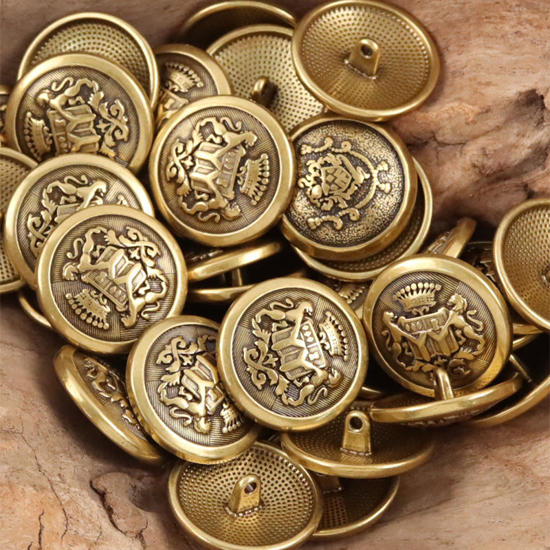 Gold round double lion metal shank buttons with raised lion-and-crest details