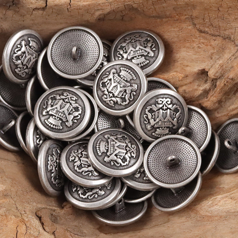 Silver round double lion metal shank buttons with lion crest emblem detail