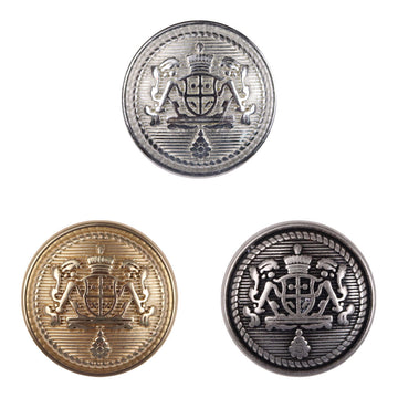 Silver metal button, round crown-shield emblem with ridged edge, close-up