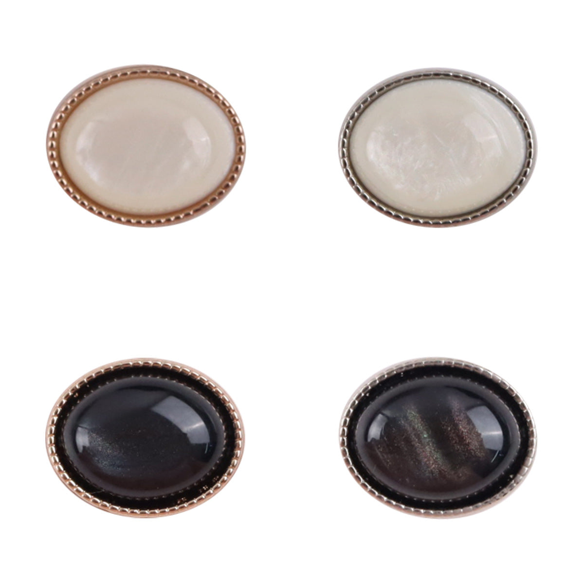 Oval resin pebble shank button, white front with bronze-gold rim.