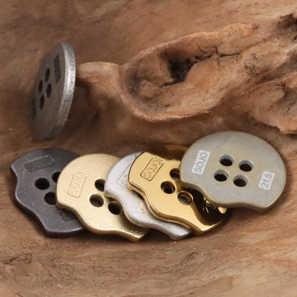 Assorted irregular metal buttons in silver, antique gold, and cream tones, 4 holes